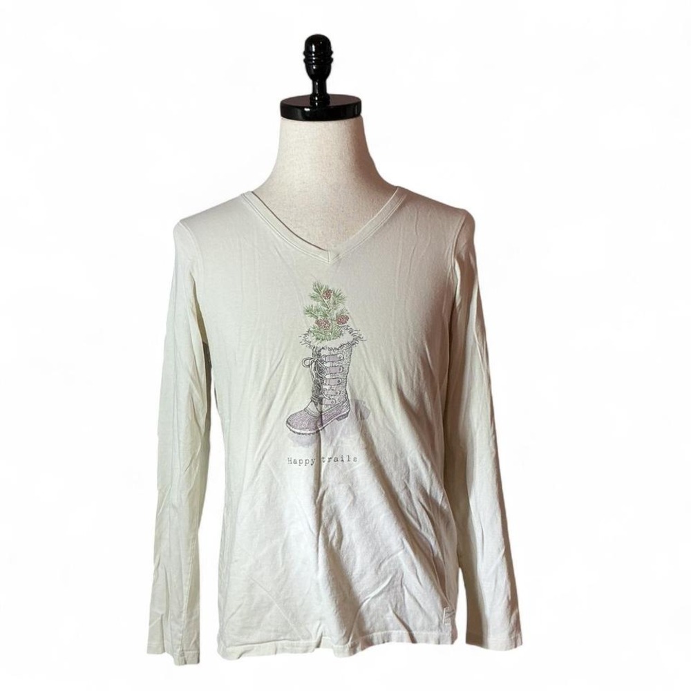 Life is Good Womens Long Sleeve Graphic T Shirt White V Neck Happy Trails Boot